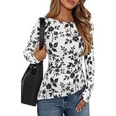 ZESICA Womens Floral Long Sleeve Shirts 2026 Spring Boat Neck Mesh Ruched Tops Fitted Asymmetrical Going Out Blouses