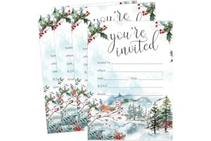 Whaline 25 Pack Christmas Party Invitation Cards Winter Woodland Robin Invitation Paper Cards with Dark Red Envelopes Xmas Holiday Watercolor Animals Party Invites