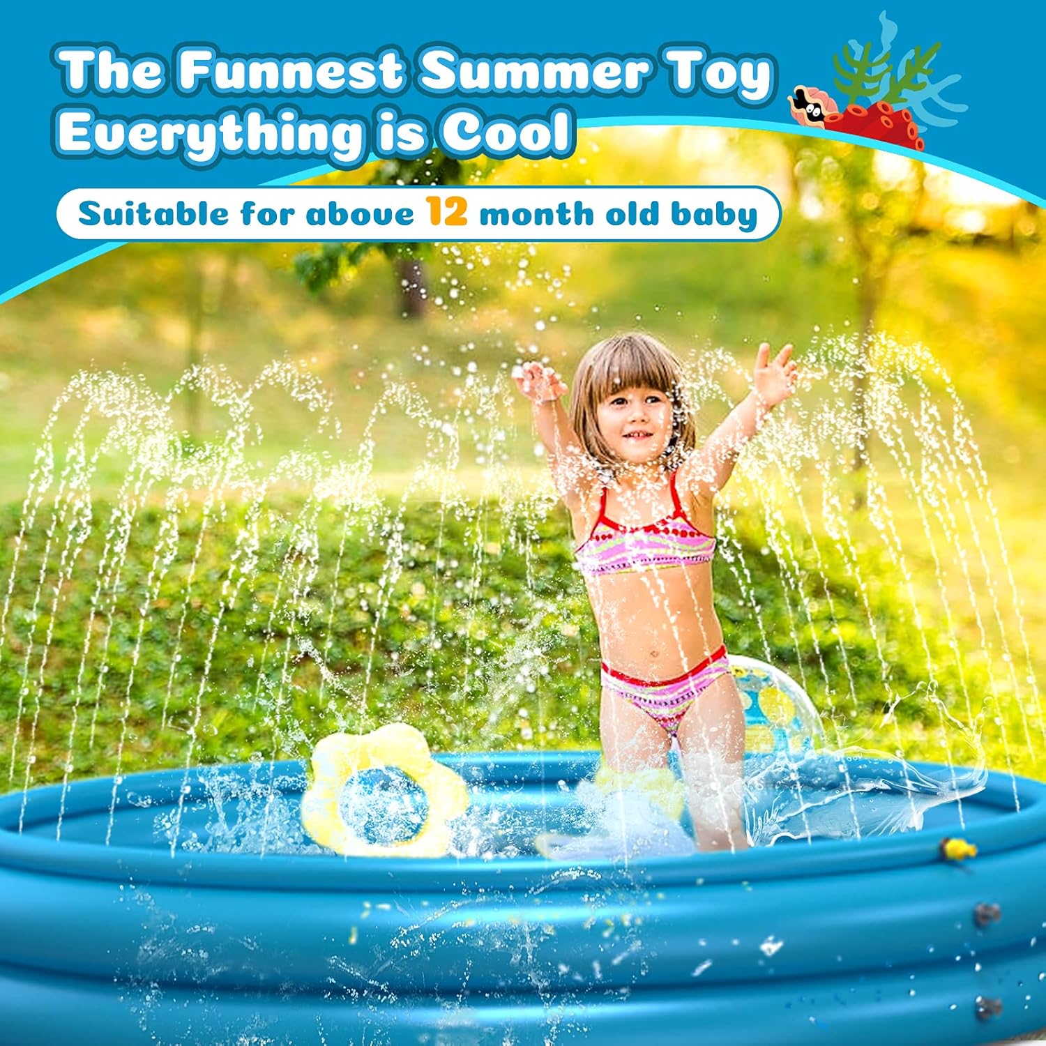 Coolkesi 3-in-1 Splash Pad, Premium Sprinkler for Kids Toddlers - 22% Thicker Durable PVC, 60" Inflatable Wading Swimming Kiddie Pool for Summer Yard, Fun Outdoor Water Toys Play Mat for Baby Learning: Toys & Games