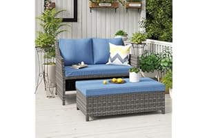 OC Orange-Casual 2-Piece Outdoor Patio Furniture Wicker Love-seat and Coffee Table Set, with Built-in Storage Bin, Grey Rattan, Navy Blue Cushions
