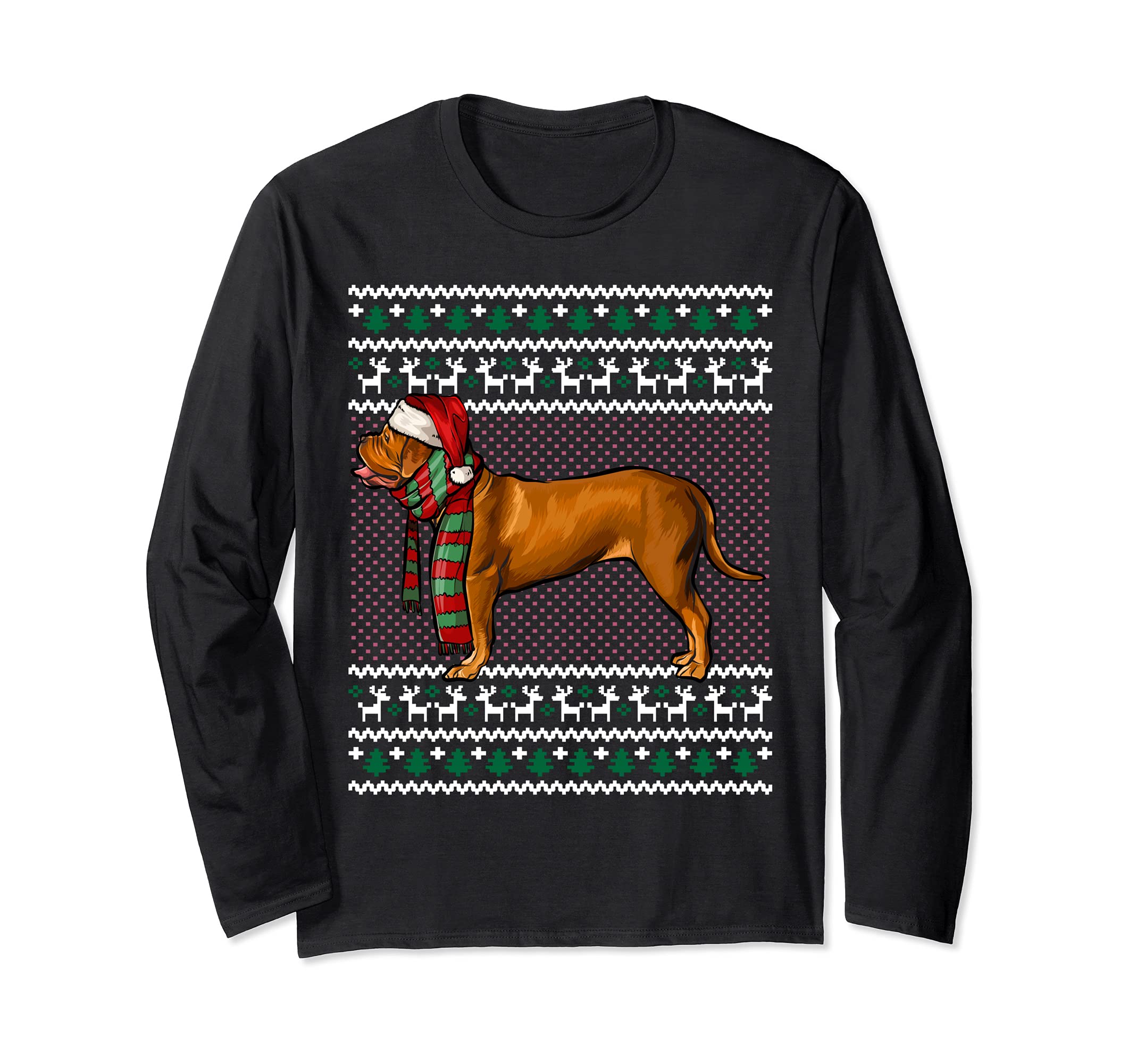 Xmas Dogues de Bordeaux Dog Santa Hat Ugly Christmas Long Sleeve T-Shirt