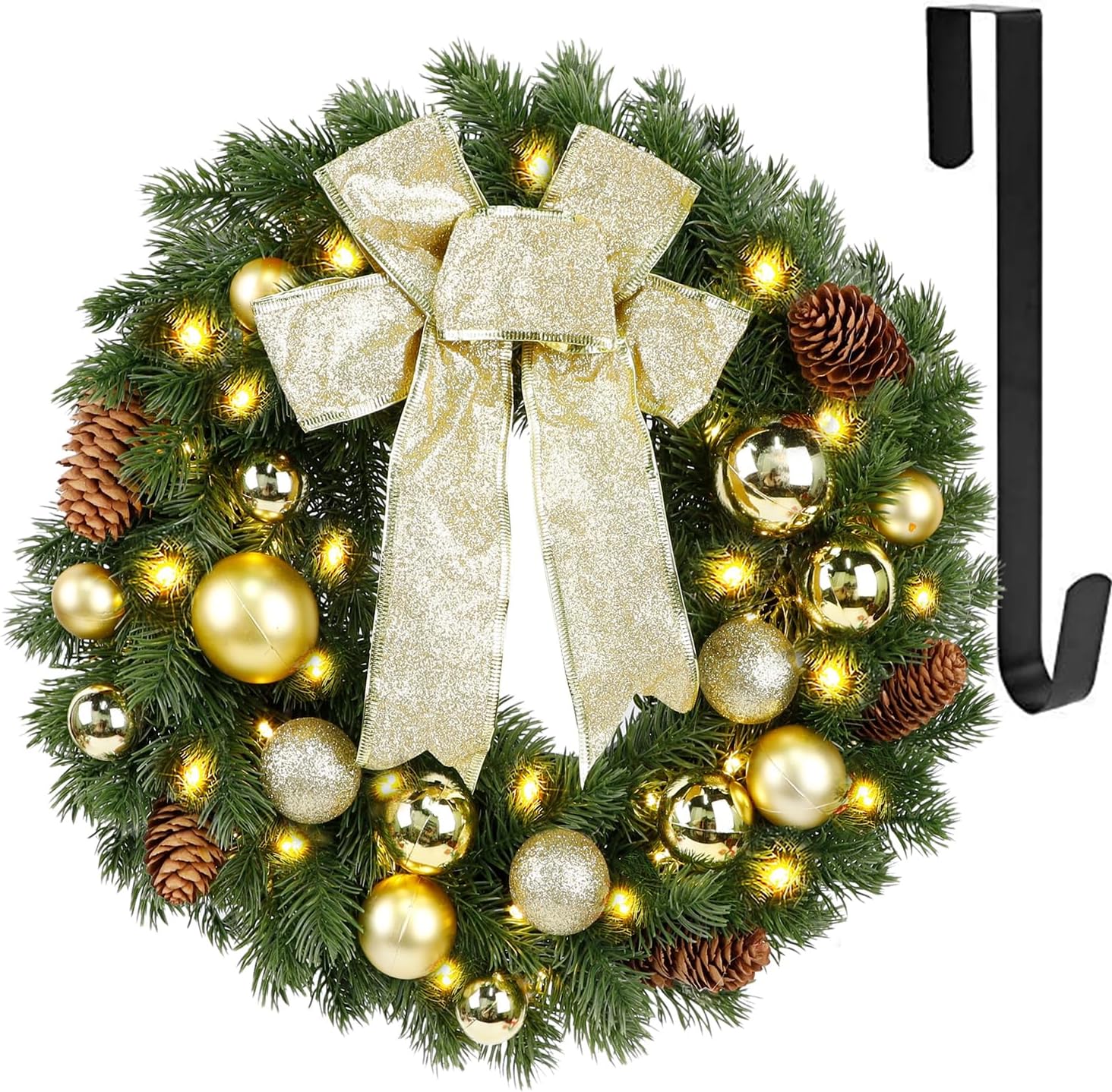 Wreaths, Garlands & Swags - Hausse Lighted Christmas Wreath with Metal Hanger, Pre-lit Xmas Wreath with Large Golden Bow & Balls, 8 Modes & Timer, Battery Operated with 40 Lights, for Front Door Gate Wall Xmas Party Decorations