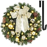 Hausse Lighted Christmas Wreath with Metal Hanger, Pre-lit Xmas Wreath with Large Golden Bow & Balls, Battery Operated with 40 LEDs Lights, for Front Door Gate Wall Christmas Party Decorations