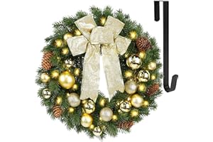 Hausse Lighted Christmas Wreath with Metal Hanger, Pre-lit Xmas Wreath with Large Golden Bow & Balls, Battery Operated with 40 LEDs Lights, for Front Door Gate Wall Christmas Party Decorations