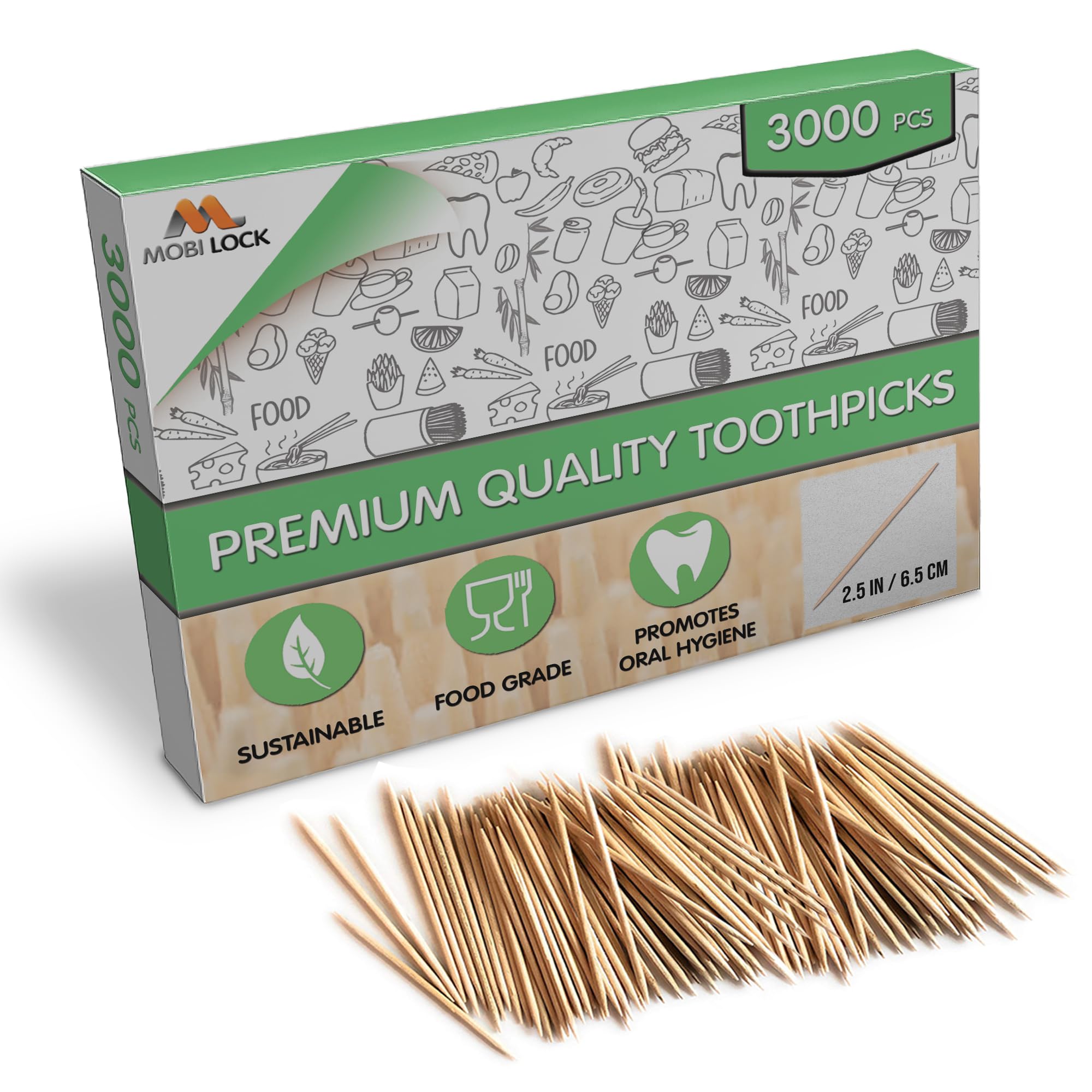 3000 Pcs Bamboo Toothpicks - Double Pointed Wooden Picks - for Personal Hygiene, Appetizer Skewers, Cocktail Sticks, Toothpick or Arts & Crafts - by Mobi Lock