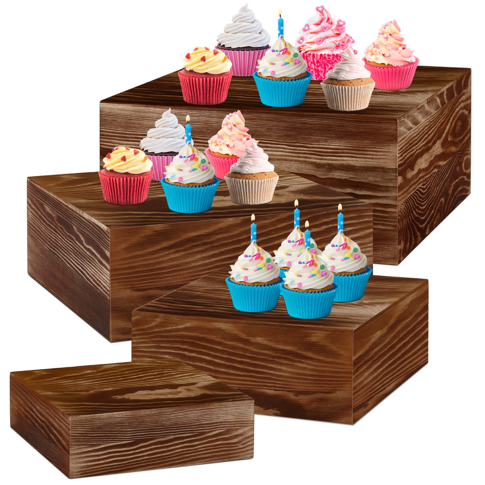 Photo 1 of Roowest Set of 4 Wood Display Risers Rustic Cupcake Stand Rustic Wood Cake Stands Wooden Stackable Display Box for Dessert Wedding Birthday Christmas Village Party Decoration(Black Brown)
