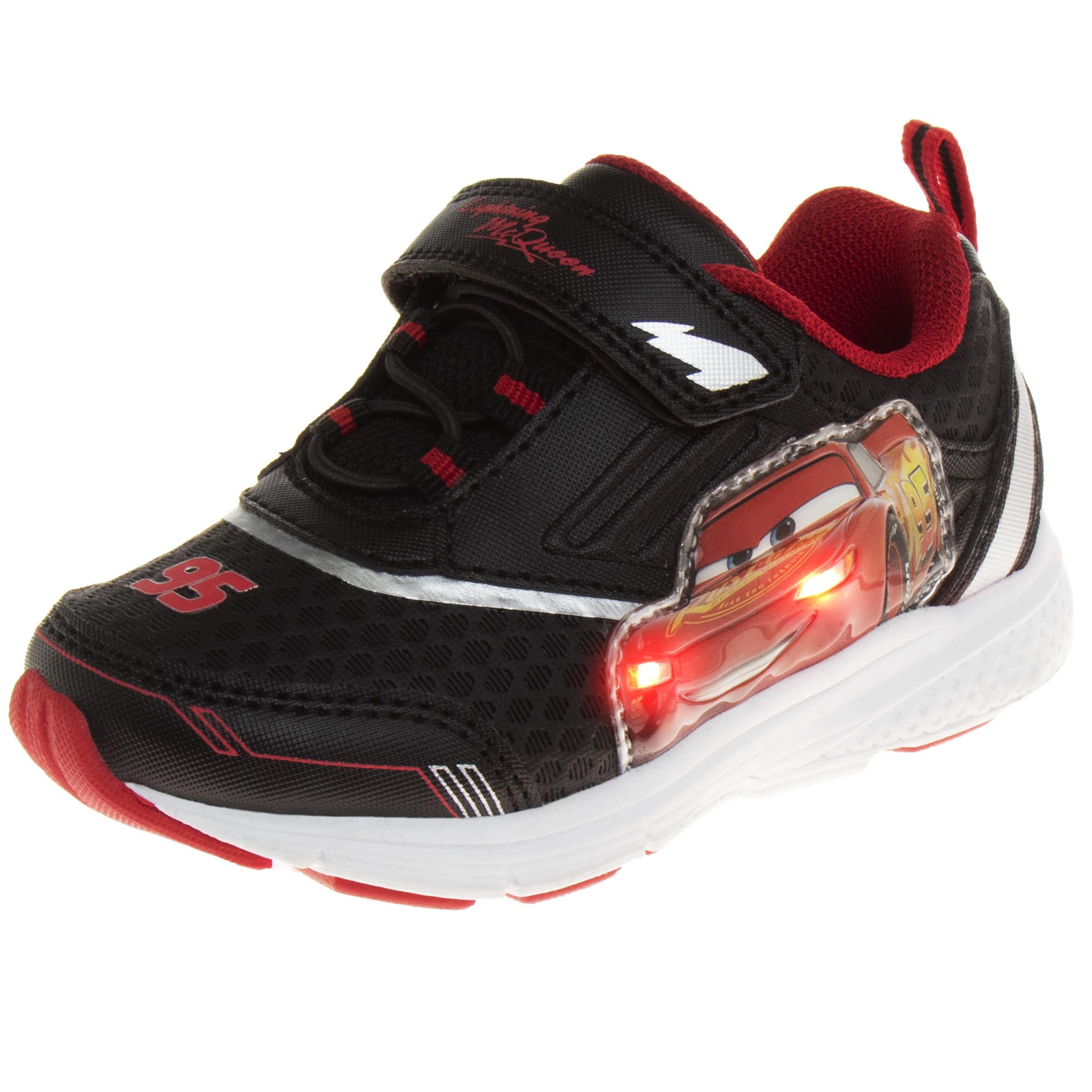 Photo 1 of **POSSIBLY RUNS BIG** Disney Pixar Cars Lightning McQueen Shoes LED Light Up Sneakers - Kids Boys Lightweight Breathable Athletic Shoe - Red/Black (Size 8 Toddler)