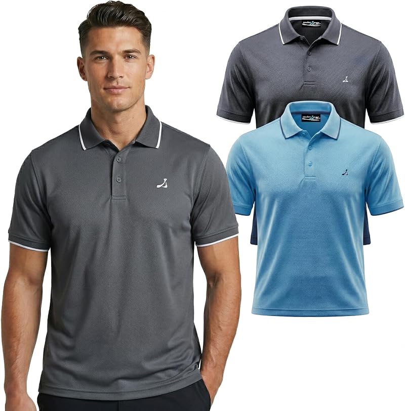 Under Par Men’s Golf Polo Shirts 2 Pack Charcoal Sky XL Breathable UV Moisture