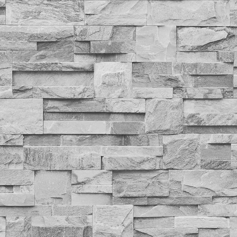 Muriva Grey Brick Effect Textured Vinyl Wallpaper - Realistic Stone Wall Tiles