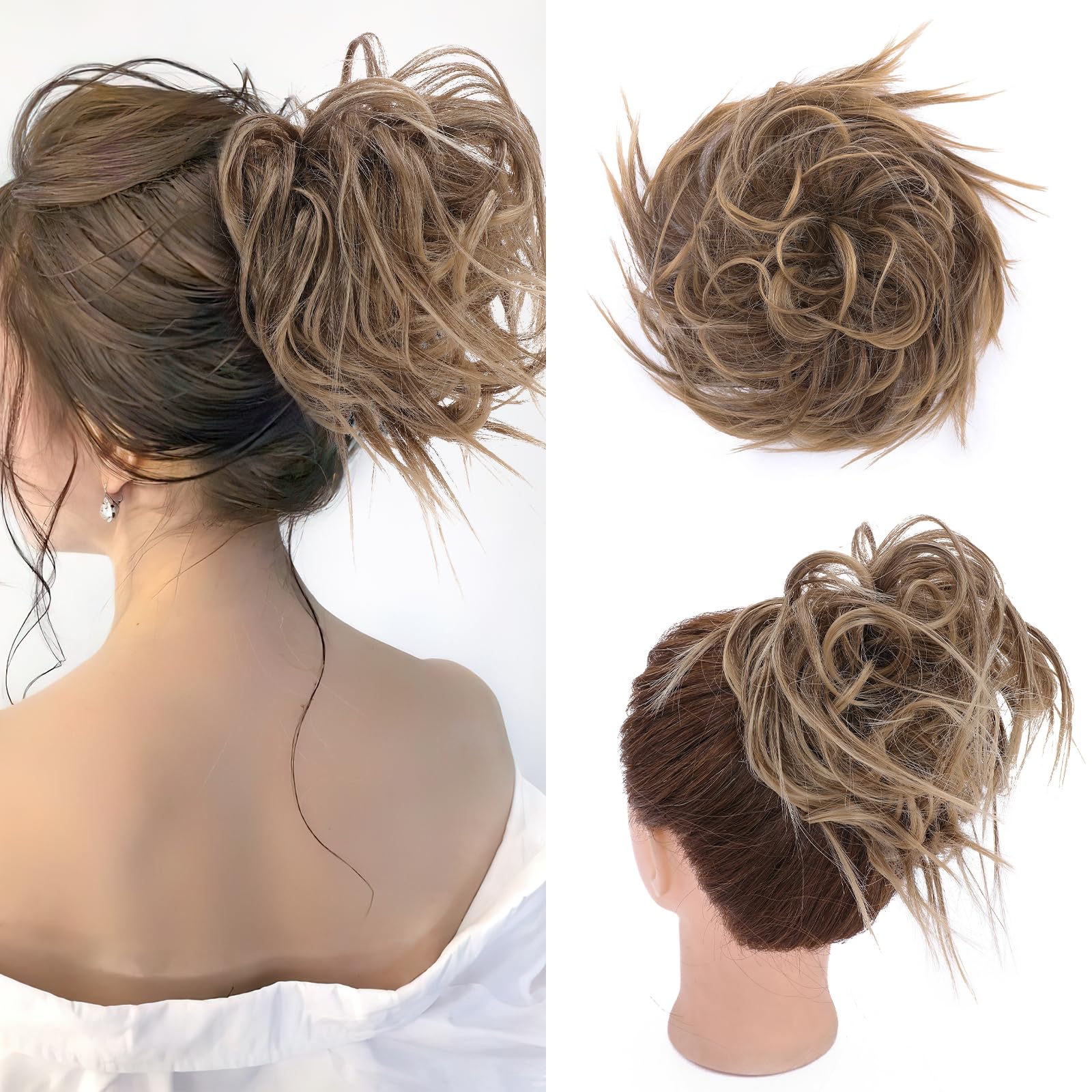 Fashion Tousled Hair Extensions Hairpiece Scrunchie Straight Elastic updo Scrunchy BUN Brown Blonde Instant Ponytail wig Hairdo Chocolate Brown & Dark Blonde