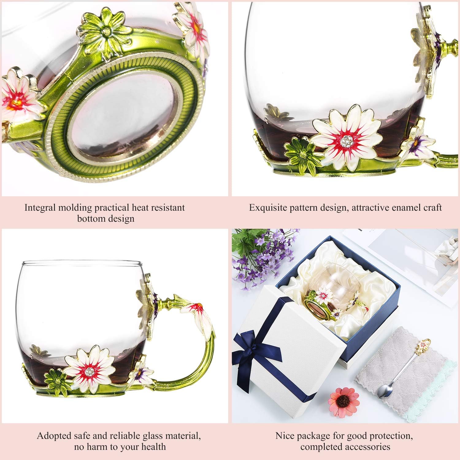 Decdeal Enamel Glass Mug Flower Tea Cup Coffee Mug with Spoon & Cleaning Cloth & Gift Box, Gifts for Mum Wife, Girl - Image 5