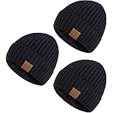 Nertpow Mens Beanie Hats 3 Pack, Winter Hats for Men Women Warm Thermal Fleece Lined, Thick Knit Fashion Skull Cap for Guys