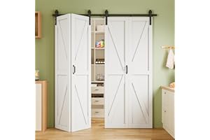 AINLARRY Pre-Assembled Solid Core Panels Bifold Barn Door, White Primed Finish Folding Barn Door with Hardware Kit Included for Closet Pantry Laundry, K Shape, 80" x 84"