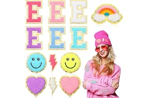 Thiccywoov 13 Pcs Iron on Patches Chenille Glitter Letters Patches Rainbow Lightning Applique Patches Cute Sew Colorful Preppy Patches for Jacket DIY Preppy Backpack Team Costume Decoration (Letter E)