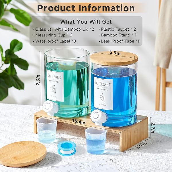 GLASS LAUNDRY DETERGENT DISPENSER WITH SHELF & BAMBOO LID – 120 OZ LIQUID DETERGENT, LAUNDRY SOAP & FABRIC SOFTENER DISPENSER FOR LAUNDRY ROOM ORGANIZATION AND STORAGE WITH 2 CUPS & 8 LABELS