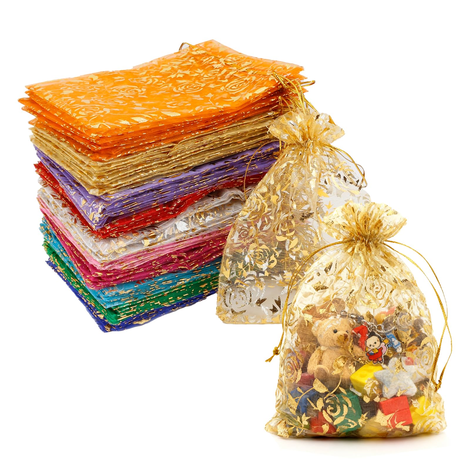 Photo 1 of 100Pcs 5x7 Inch Organza Gift Bags 10 Colors Drawstring Mesh Bag for Jewelry Wedding Favor Festival Candy Gift Pouches Christmas Party Favor Bags (Rose)