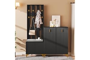 Merax Hallway Furniture Sets, Fluted Sideboard Cabinet with Storage + Hall Tree with Bench and Shoe Storage and Cushion, Wood
