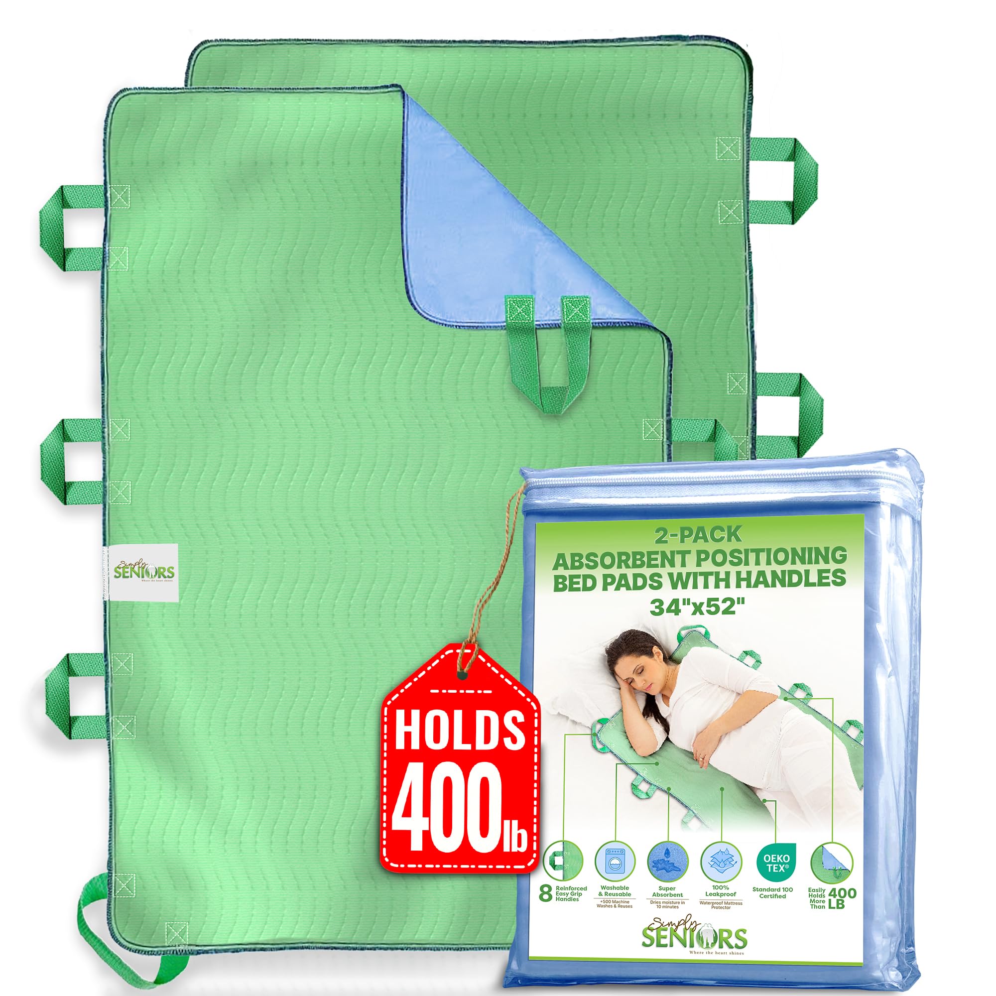 Photo 1 of Absorbent Positioning Bed Pads for Elderly with 8 Handles 34"x52"- 2 Pack of Washable Waterproof Incontinence Draw Sheets - Reusable Bed Mobility Under Pads for Seniors Disabled & Bedridden Patients