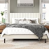 Sismplly King Size Bed Frame with Velvet Upholstered Headboard, Platform Bed with Strong Wood Slats, Mattress Foundation, Box Spring Optional, Easy Assembly, Beige