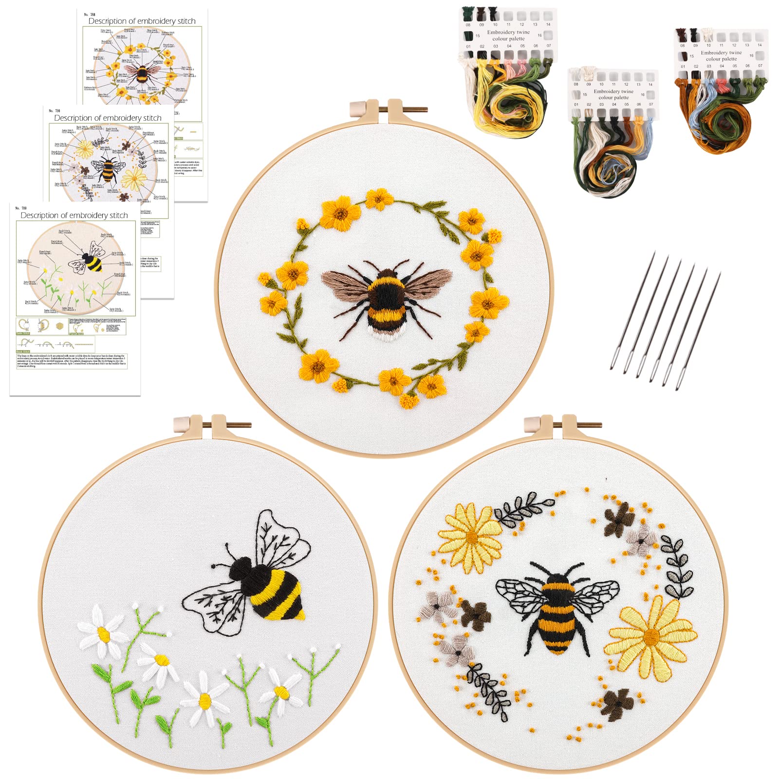 HAOCOO 3 Sets Embroidery Kit for Beginners, Cross Stitch Kits with Floral and Bee Pattern and Instructions, Full Range of Embroidery Cloth, Embroidery Hoops, Color Threads and Tool (Bee) โ image 1