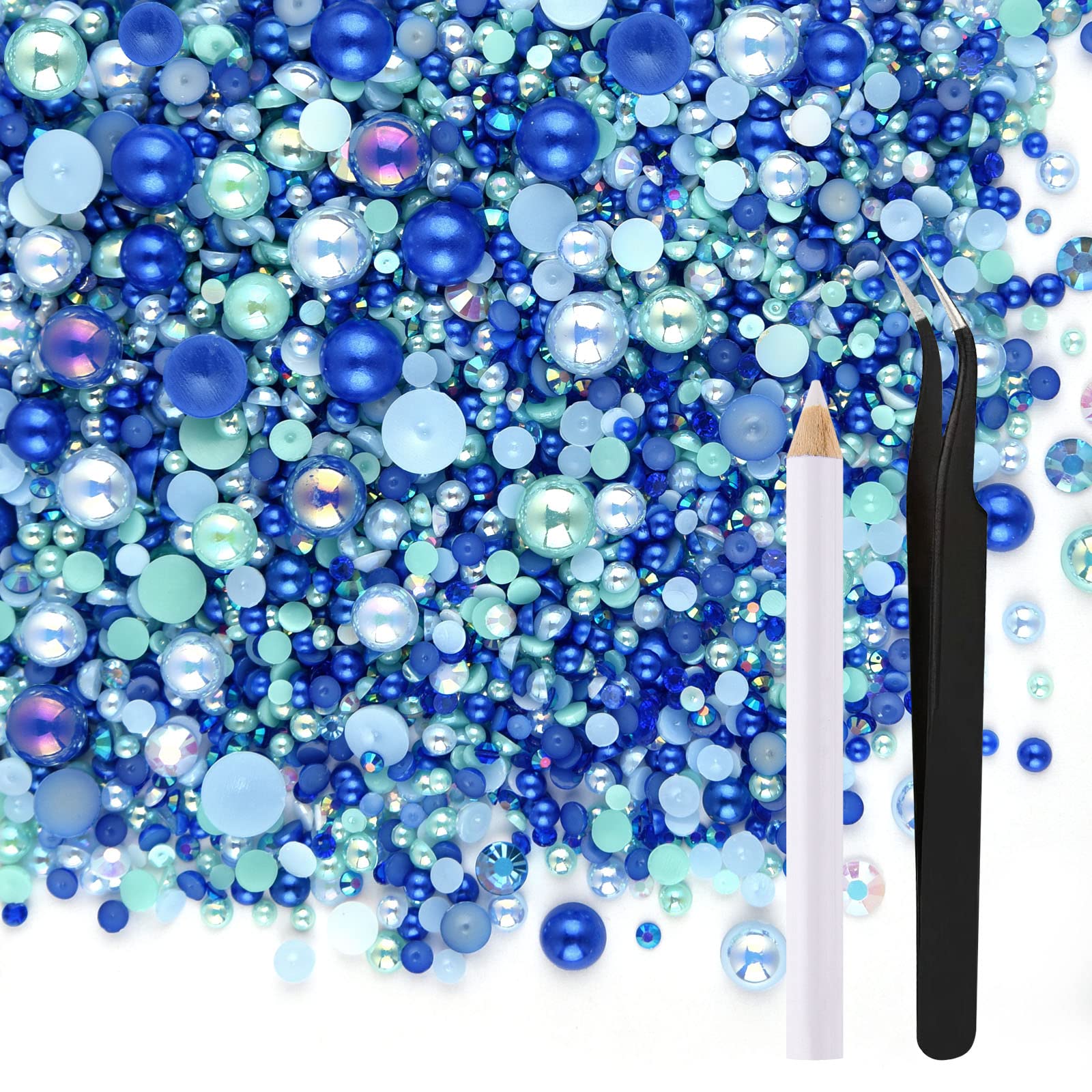 ASTARON 50g Mix Flat Back Pearls and Rhinestones for Crafts Mixed Size 3mm-10mm Flat Back Rhinestones for Crafts Flatback Pearls for DIY Tumblers Mugs Nail Art Shoes Clothes (Blue Series)