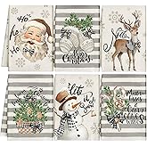 Hosuly 6 Pcs Christmas Kitchen Towels Winter Dish Cloth Farmhouse Christmas Tea Towels Santa Snowman Reindeer Gloves Eucalyptus Hand Cotton Xmas Grey Striped Dishcloth for Kitchen