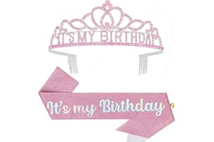 ARALUKY Pink Birthday Crown and Glitter Sash for Adult Women - Tiara, Hat, Girl Crown for Parties, Favors and Decorations