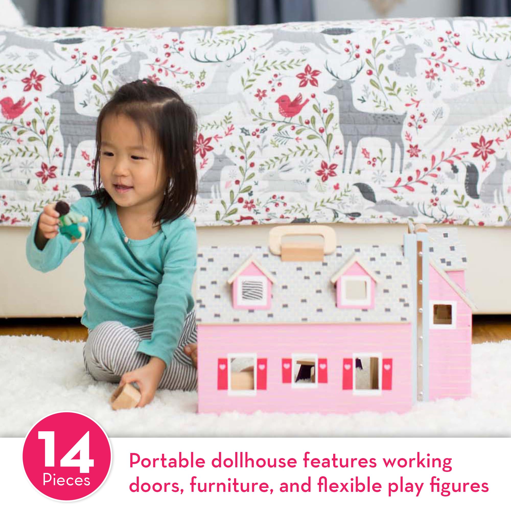 Melissa & Doug Fold and Go Wooden Dollhouse with 2 Dolls and Wooden Furniture,Multi,One Size