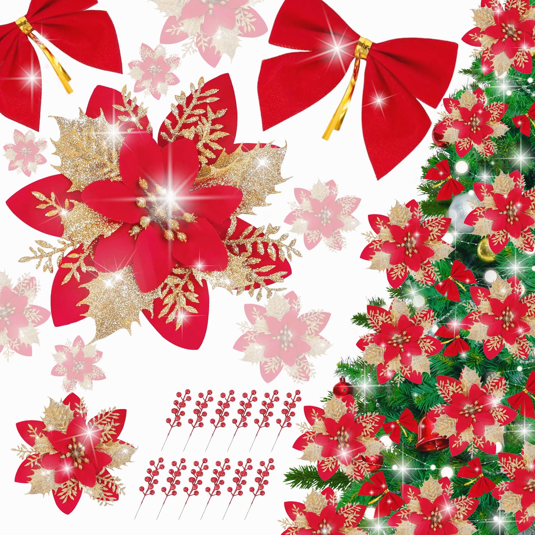 DEEMEI 12Sets Christmas Decorations Set Glitter Poinsettia with Clips Stems Berries Bows Ornaments for Xmas Tree Wreath Garland Gifts Decor (Red)
