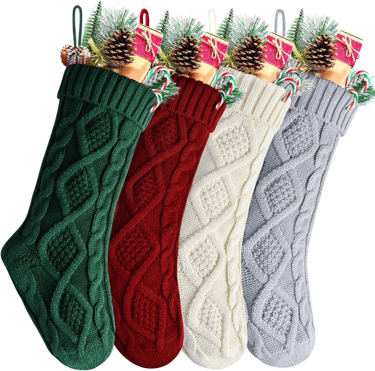 Stockings & Holders - Kunyida Pack 4,18 Inches Unique Burgundy, Green, Ivory, Gray Knit Christmas Stockings