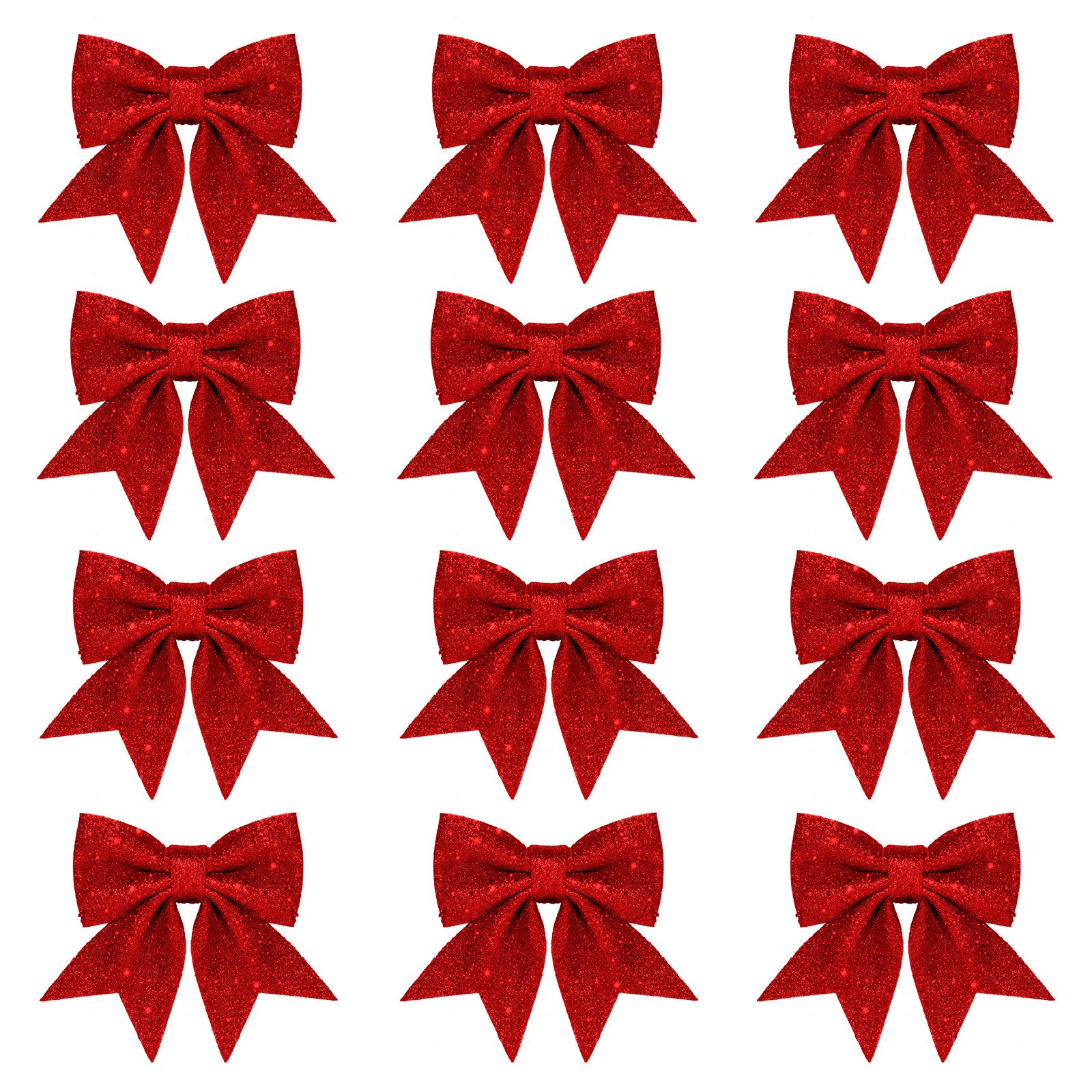Whaline 12 Pack Christmas Bows for Christmas Decoration, Red Wreaths, Small Christmas Tree Bow, Glitter Bows, Christmas Decorative Bows for Home Christmas Party, 5.5 Inch