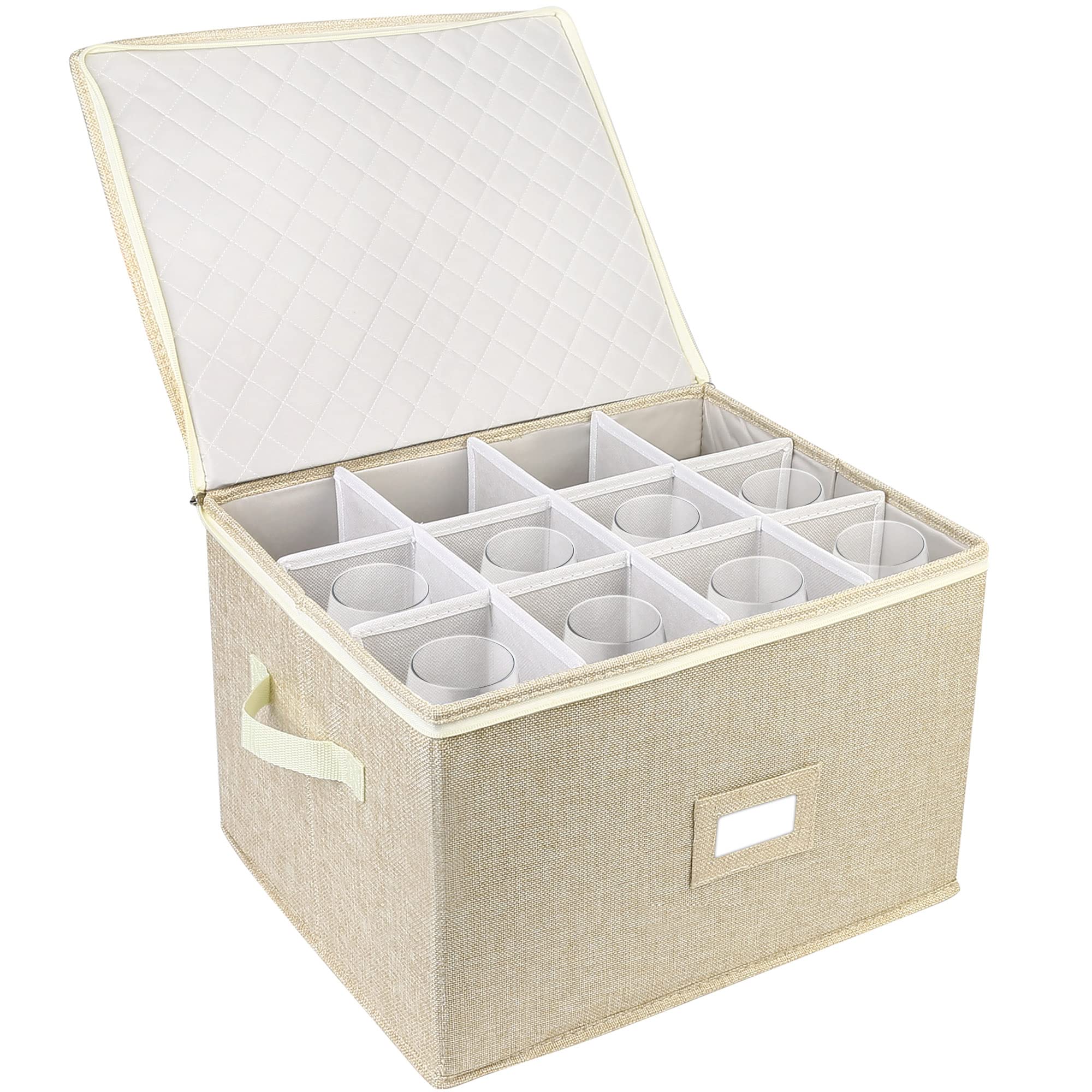 Photo 1 of LotFancy Stemware Storage Container for Moving, Hard Shell, Stackable Wine Glass Storage Box with Dividers & Handles, Crystal Glassware, Champagne Flute, Drinkware Case, Beige