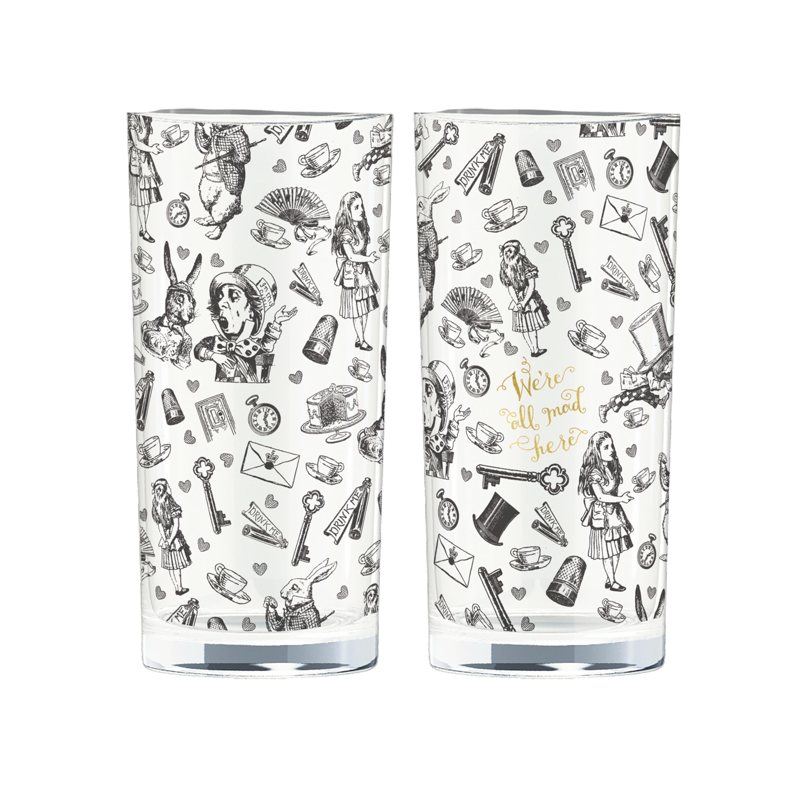 V&A Alice in Wonderland Highball Glasses in Gift Box, Glass, 330 ml - (Set of 2), Golden,gold,white
