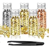 PEOVLVN 5 Bottles Edible Gold Flakes, Gold Leaf Cake Decoration Gold Leaf Sheets for Cooking Dessert Baking Gold Foil Chocolates Decor Gold Flakes for Nails Art Crafts Makeup (3 Colors)