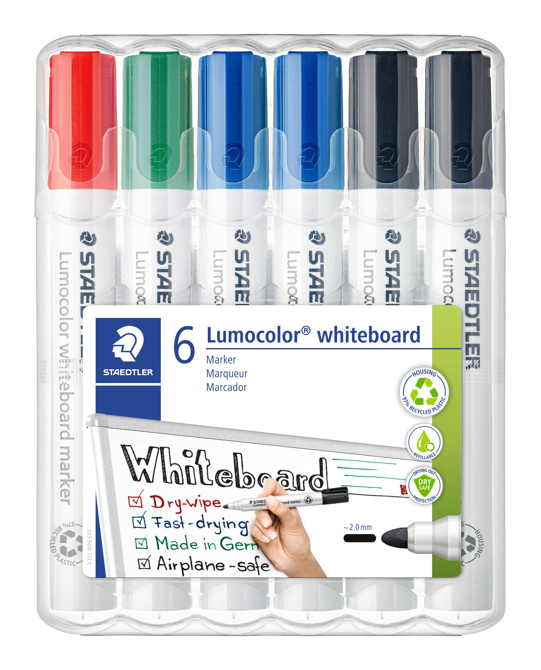 Staedtler Lumocolor 351 Whiteboard Marker Bullet Tip Approx. 2 mm Line Width, Set of 6 Markers, Made in Germany, Wipe Dry and Residue-Free for Whiteboards