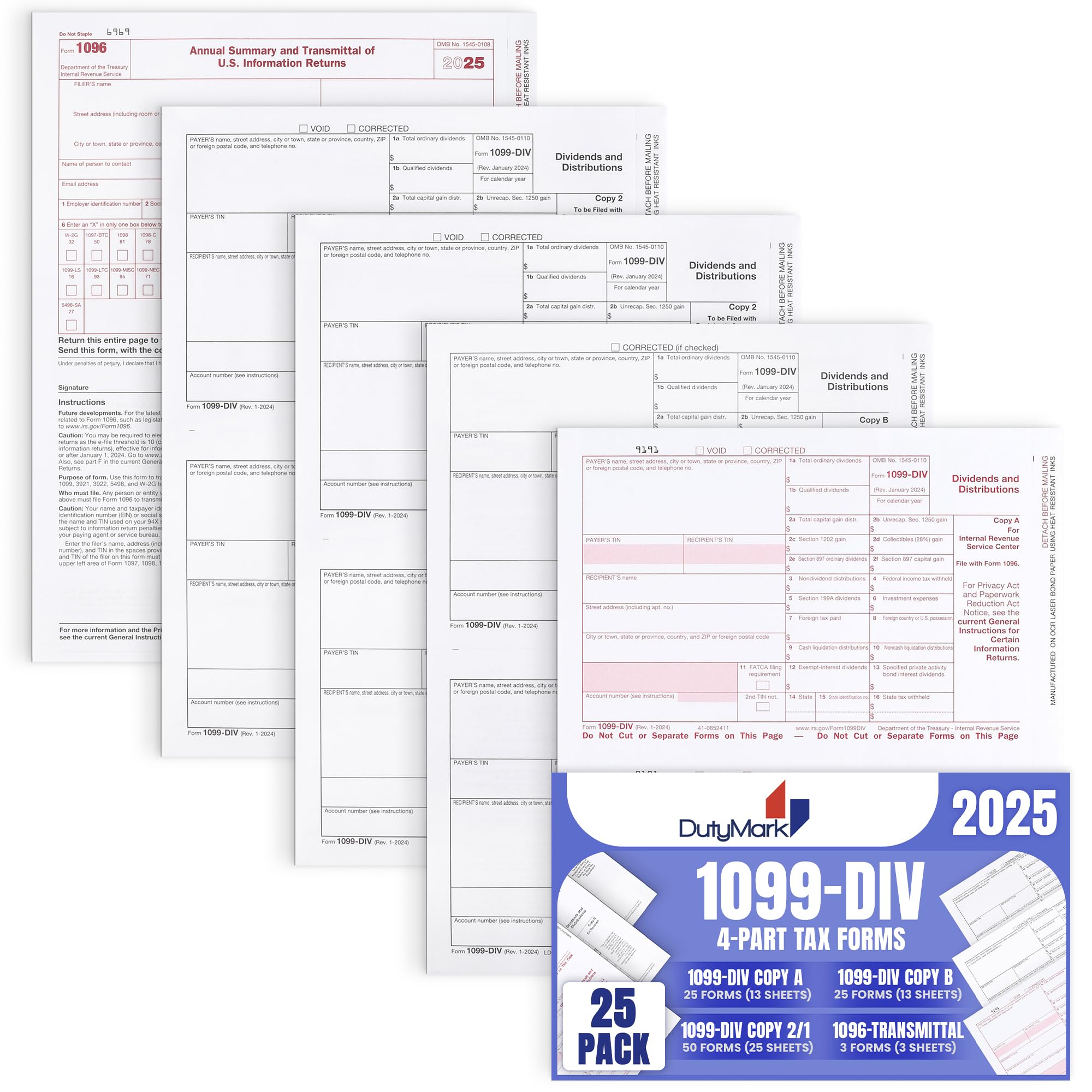 Photo 1 of 1099 DIV Tax Forms 4 Part 2025 - Kit for 25 Vendors 4-Part, Complete Laser DIV Dividends and Distribution Forms Value Pack, Compatible with QB and Accounting Software