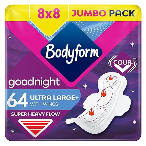 Bodyform Ultra Goodnight Sanitary Towels with Wings, 64 (8 x 8 Packs) Period Pads for Night use, SecureFit Leakage Protection, Ultra-Breathable Top Layer
