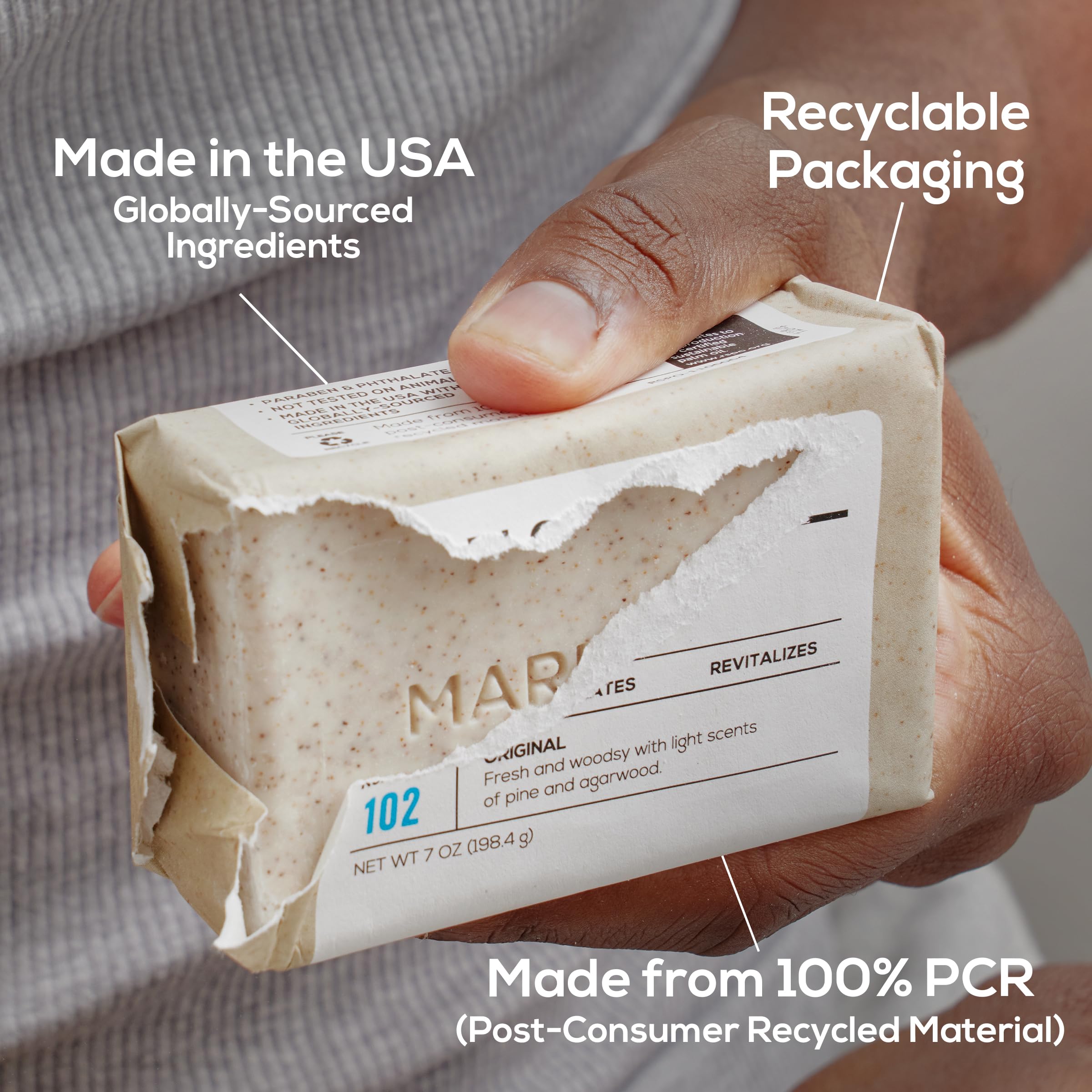 MARLOWE. No. 102 Body Scrub Soap 7 oz, Exfoliating Soap Bar with Shea Butter, Olive Oil & Green Tea Extracts, Cleanses, Smooths & Revitalizes Skin, Original Sage & Fir Scent