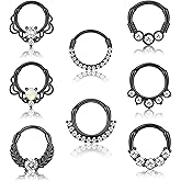 LOYALLOOK 8PCS 16G Septum Clicker Ring Stainless Steel CZ Opal Cartilage Helix Tragus Hoop Daith Earrings Nose Rings Hoop Hinged Segment Clicker Ring Piercing Jewelry