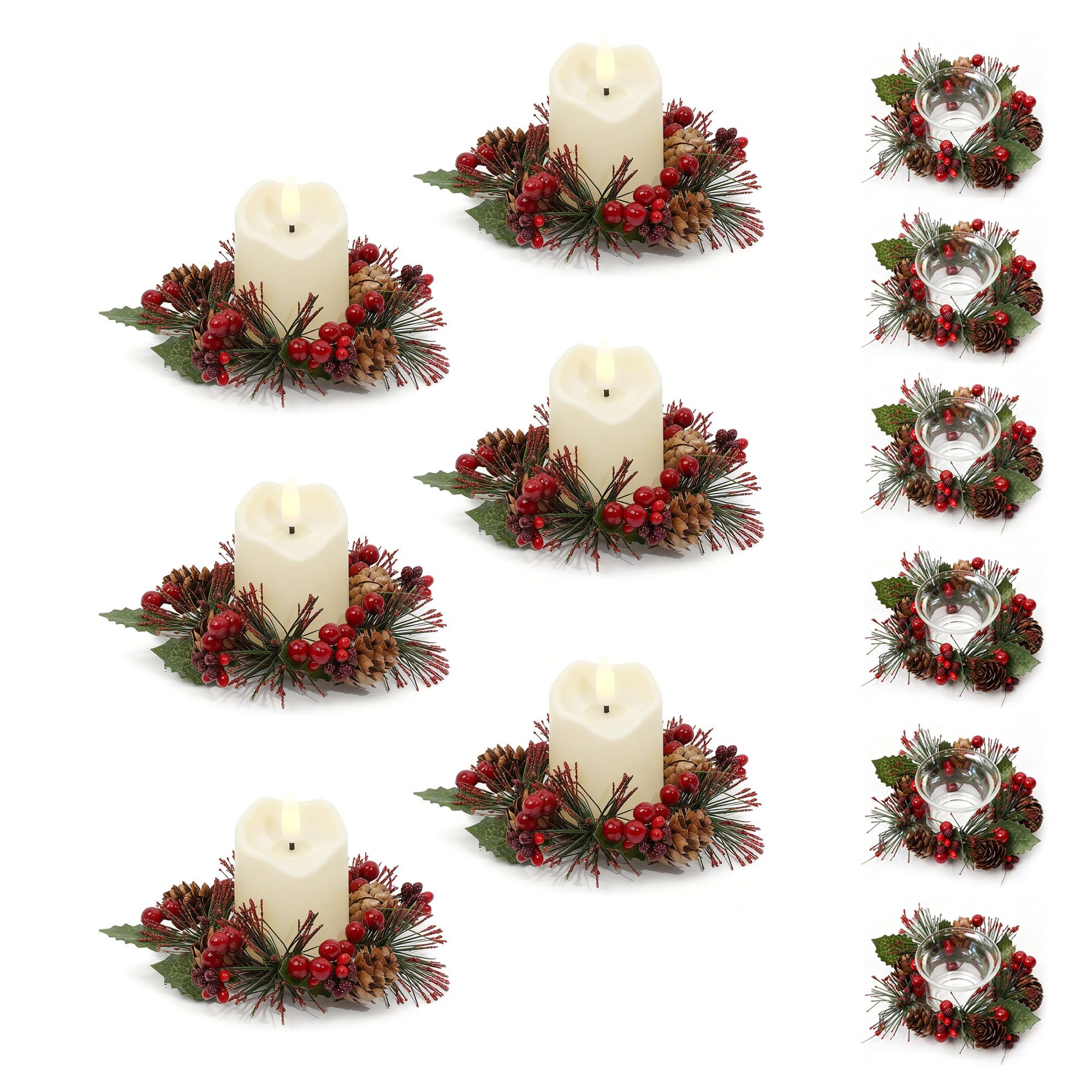 Photo 1 of 6 Pcs Christmas Candle Rings with Plastic Candles and Cups, Mini Wreaths with Red Berry Pinecone for Cabinets Table Centerpieces Decorations,Christmas Napkin Ring(6, Red-1)