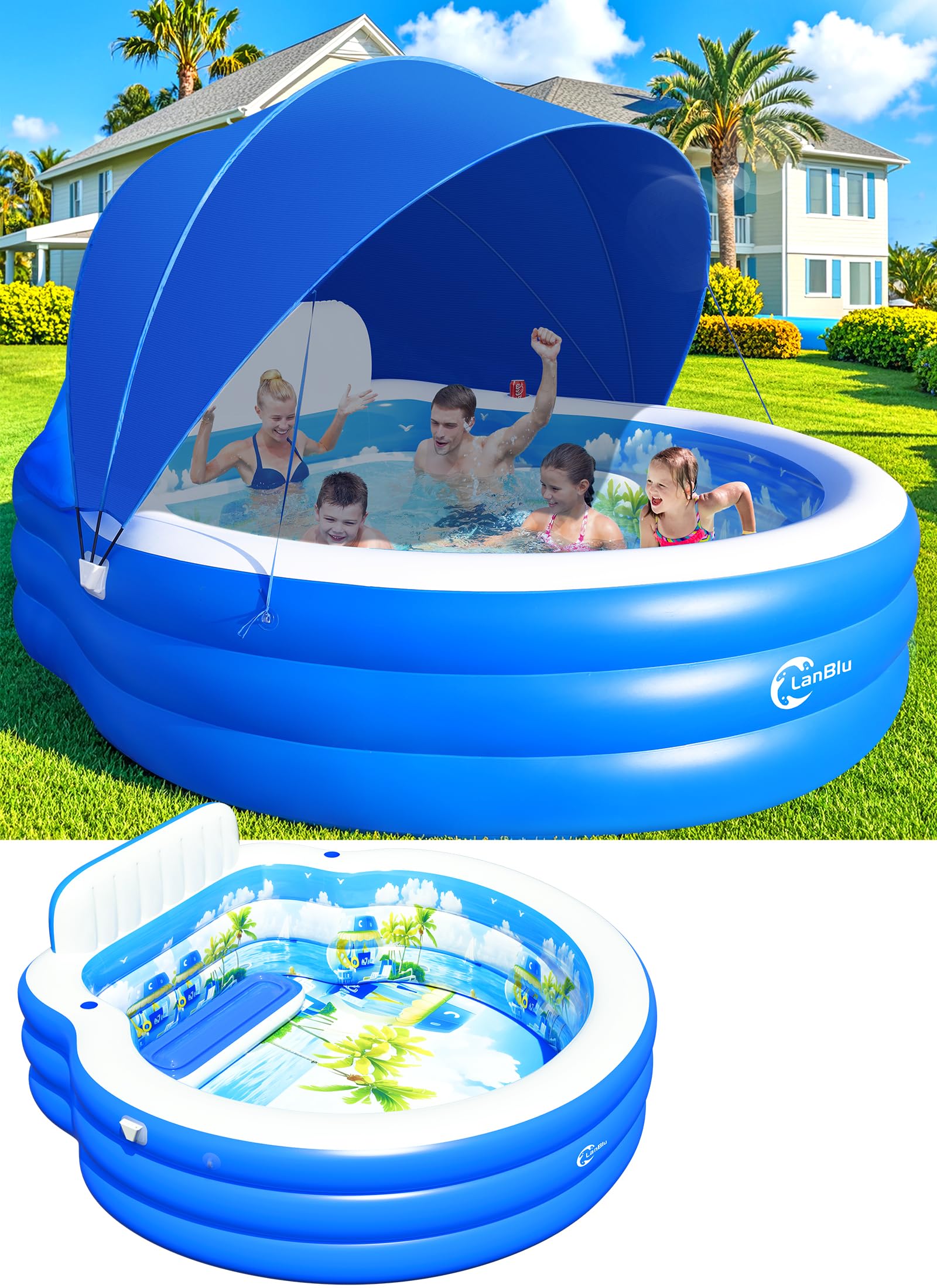 Photo 1 of 2025 Upgraded Inflatable Pool with Canopy, Inflatable Family Lounge Pool, Round Blow Up Pool for Adult with Bench & Backrest, Swim Center Easy Backyard Pools for Kids & Adults, 90"x90"x80", Blue
