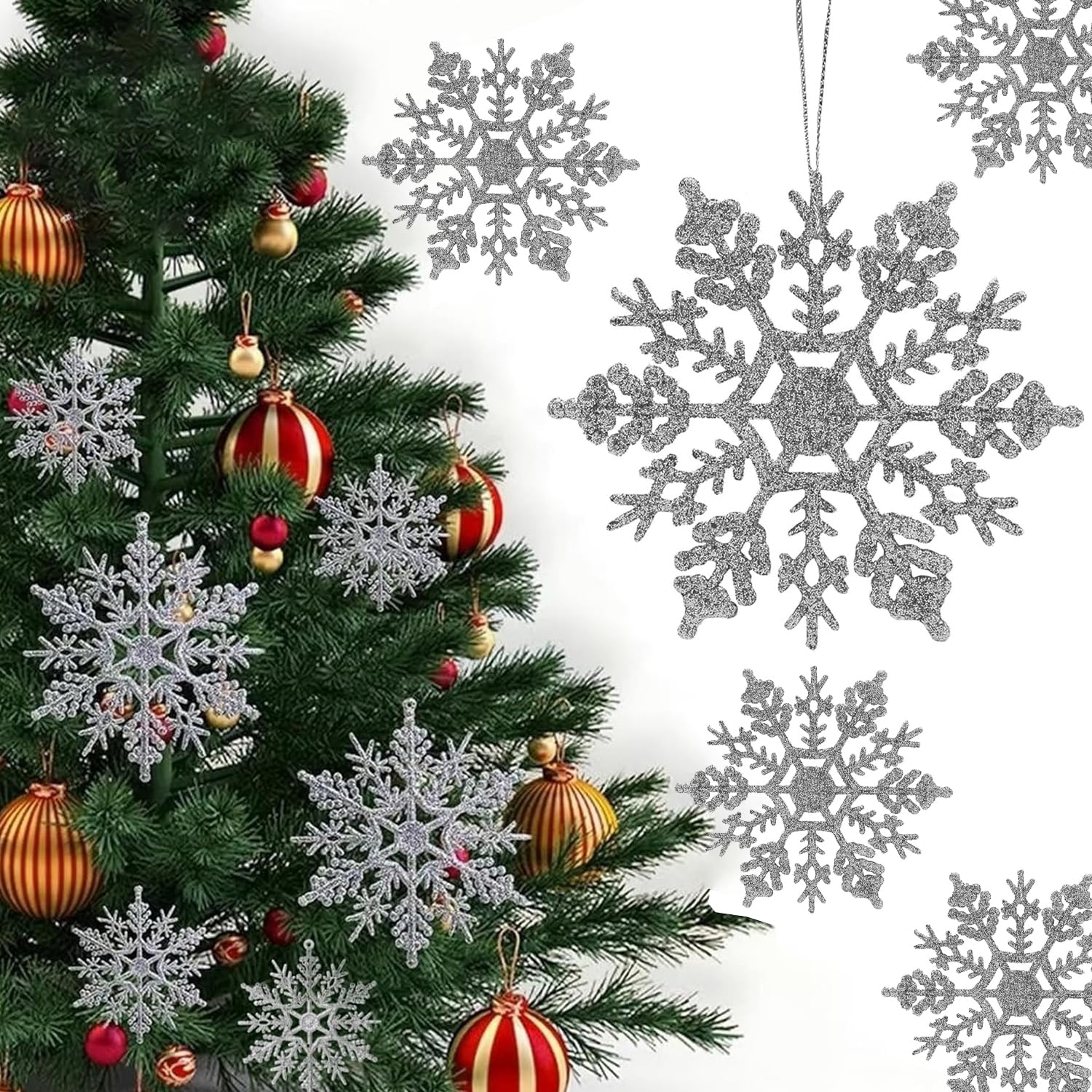 Norhogo 12pcs Glitter Snowflake Hanging Decorations, Snowflake Hanging Ornaments, Winter Indoor Outdoor Window Giant, Glitter Christmas Tree Decorations for Holiday and Party Decoration, Silver