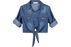 Durio Women's Denim Shirt 3/4 Sleeve Chambray Crop Top Cardigan Jean Tie Front Knot Tops for Women