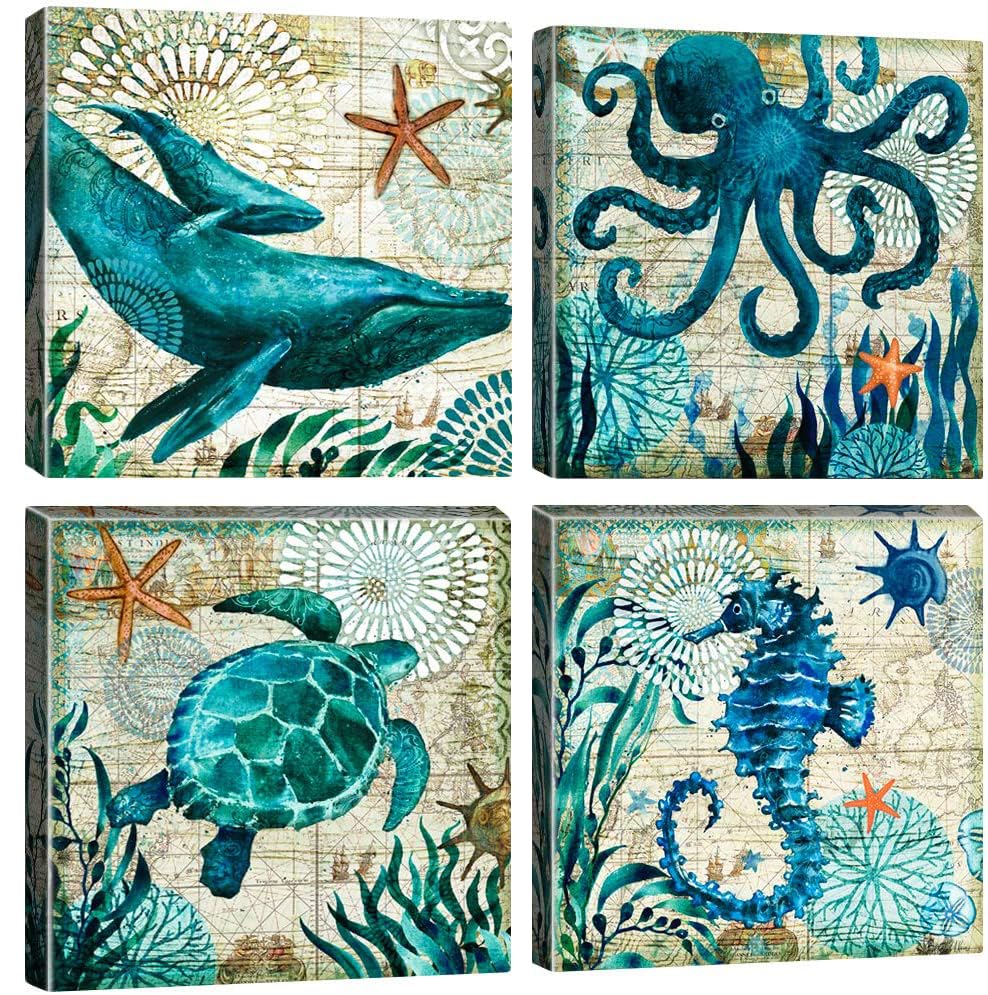 Artscope 4 Pieces Wall Art Canvas Prints - Blue Ocean Creature Whale Octopus Sea Turtle Seahorse Picture Painting- Modern Wall Artwork Framed for Bathroom Home Office Decor - 30 x 30 CM