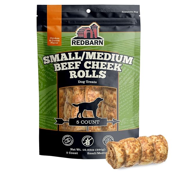 REDBARN PET PRODUCTS ALL-NATURAL SMALL/MEDIUM BEEF CHEEK ROLLS FOR DOGS, CHICKEN & CARROT GLAZED – SINGLE INGREDIENT GRAIN-FREE CHEW TREAT NATURALLY RICH IN COLLAGEN – 5 PACK – PACKAGING MAY VARY