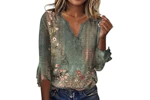 VEZAD JXQCWY Women Bell 3/4 Sleeve Top Dressy Casual V-Neck Floral Print Blouse Spring Going Out T-Shirt