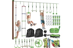 Qaba Obstacle Course for Kids, 32.8ft 10 Piece Zip Line Stackline for Kids, with 2 Monkey Bars, 2 Gym Rings, Rope Ladder, Nes