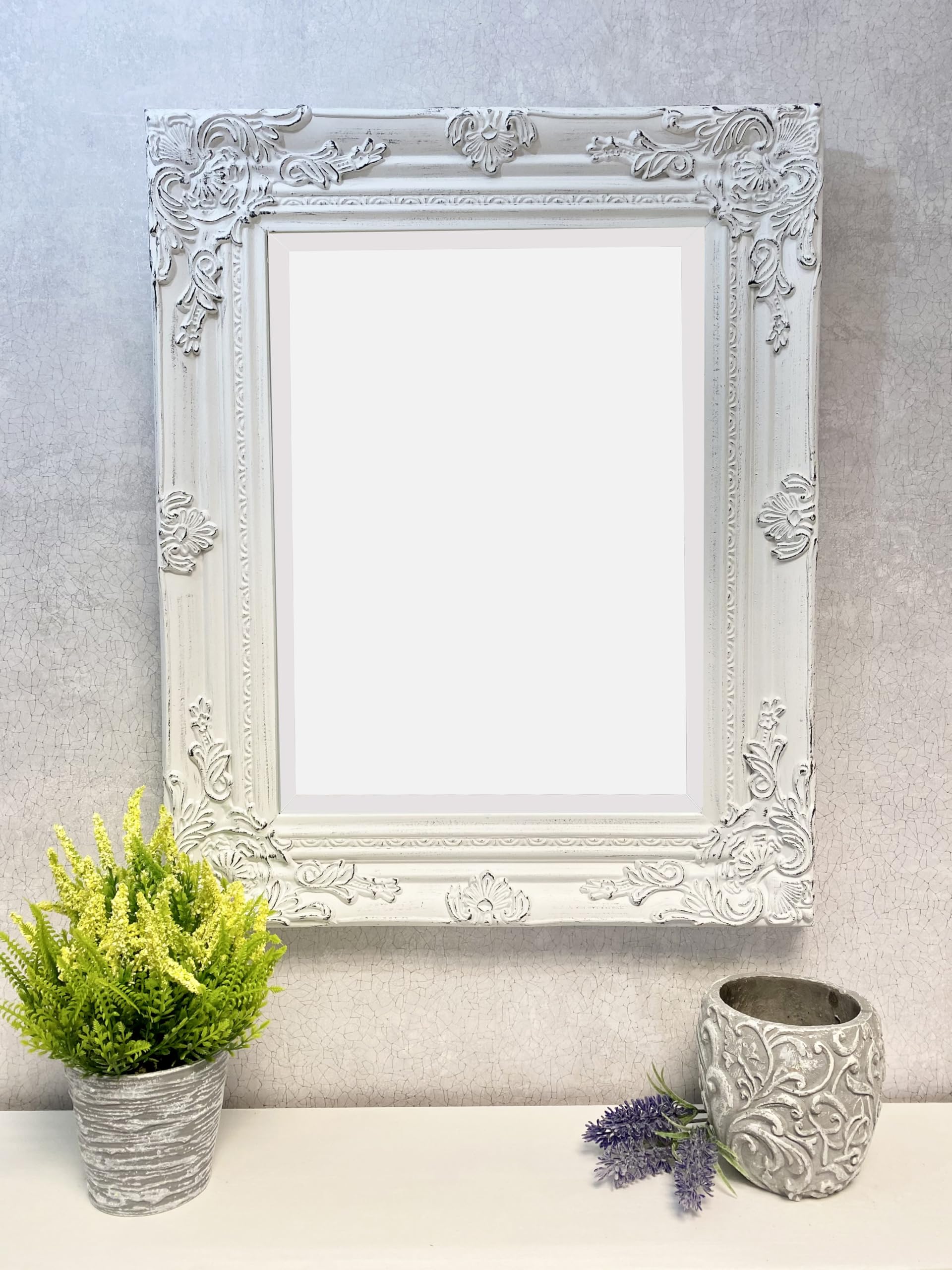 DOWNTON INTERIORS UK Antique White Bevelled Glass Wood Framed Wall Mirror - Size 53cm x 43cm