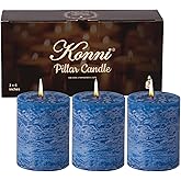 KONNI Blue Pillar Candles Set of 3, 3"x 4" Unscented Pillar Candles Bulk, 39 Hours Long Burning Candles, Smokeless & Dripless Round Candle for Wedding, Home Decoration, Parties, Spas, Dinner