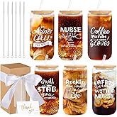 Fvntuey 6Set Nurse Appreciation Gifts, 16oz Nurse Glass Cups Week Gifts for RN, LPN, NP, CNM, APRN, Funny Appreciation Gift with Card for Women Practitioner Graduation (Fresh Style)